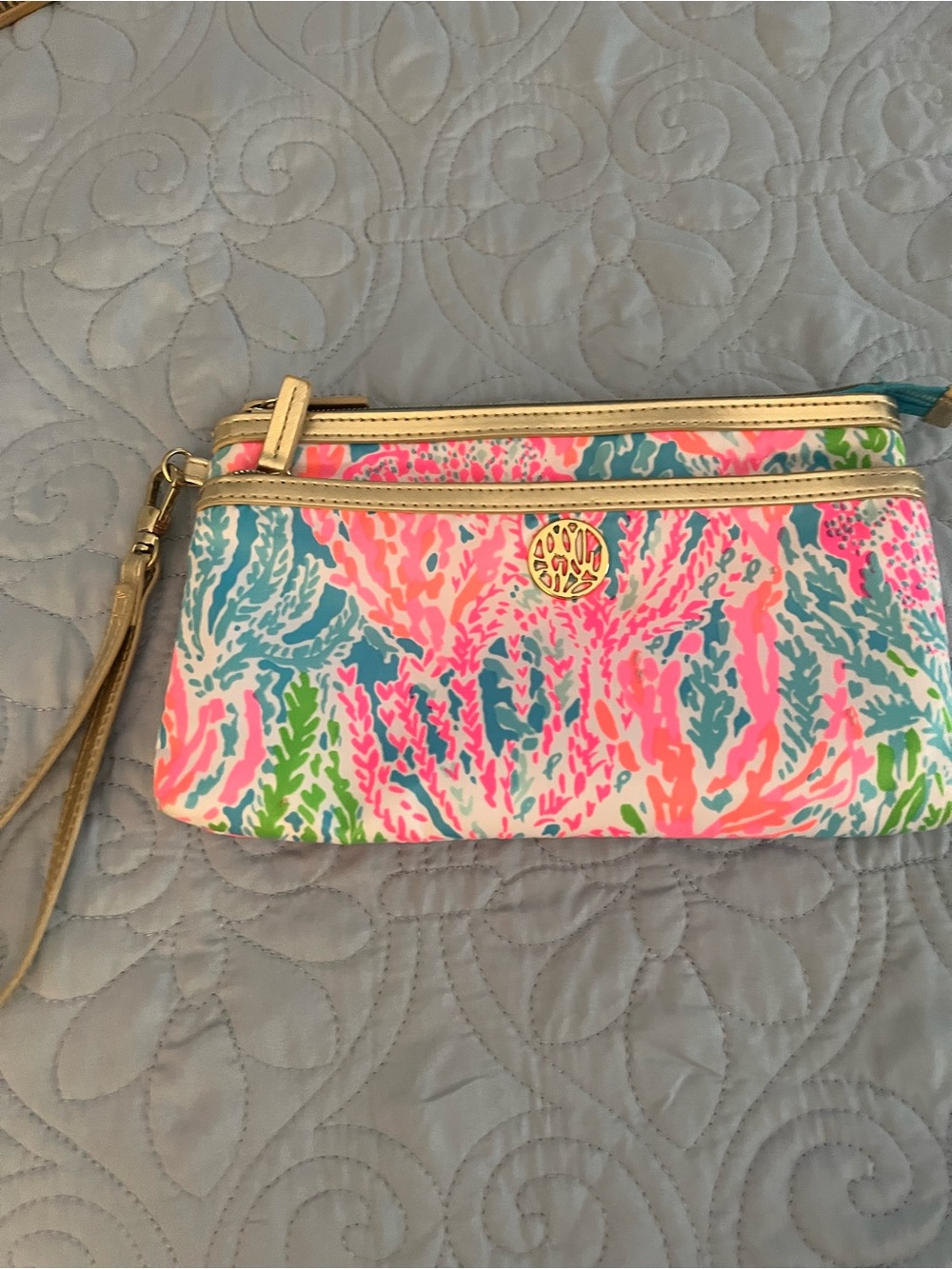 Lilly Pulitzer Pink Multi Printed Wristlet with Gold Trim